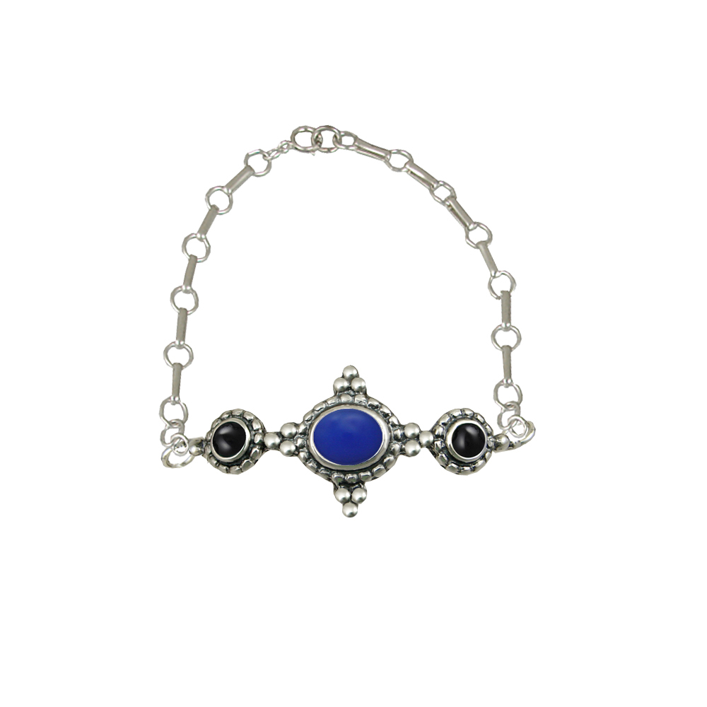 Sterling Silver Blue Onyx And Black Onyx Gemstone Adjustable Chain Bracelet